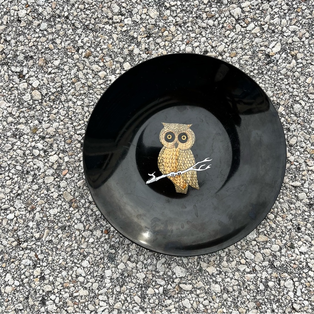 Couroc Black Inlaid Owl Bird Vintage Plate MCM